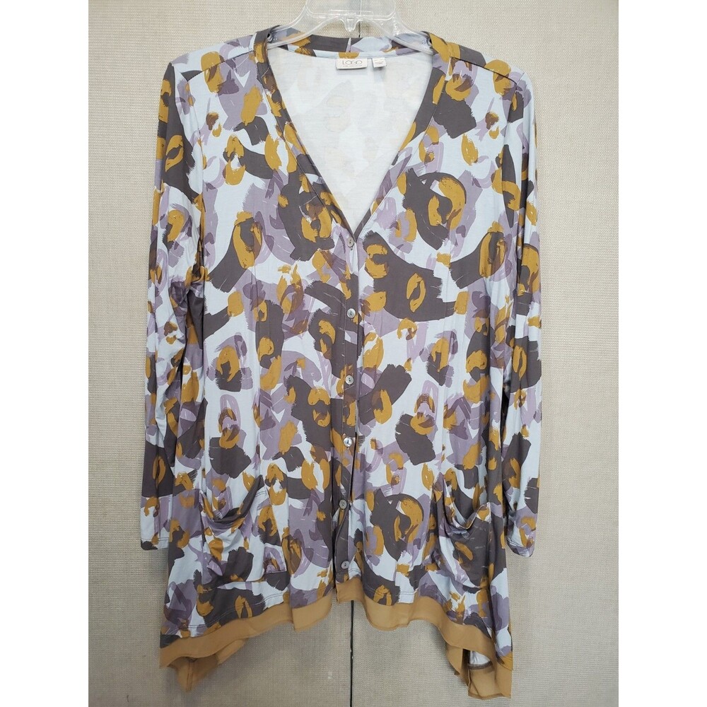 LOGO Lori Goldstein Abstract Print Shark Bite Chiffon Hem Jersey Cardigan Sz XL